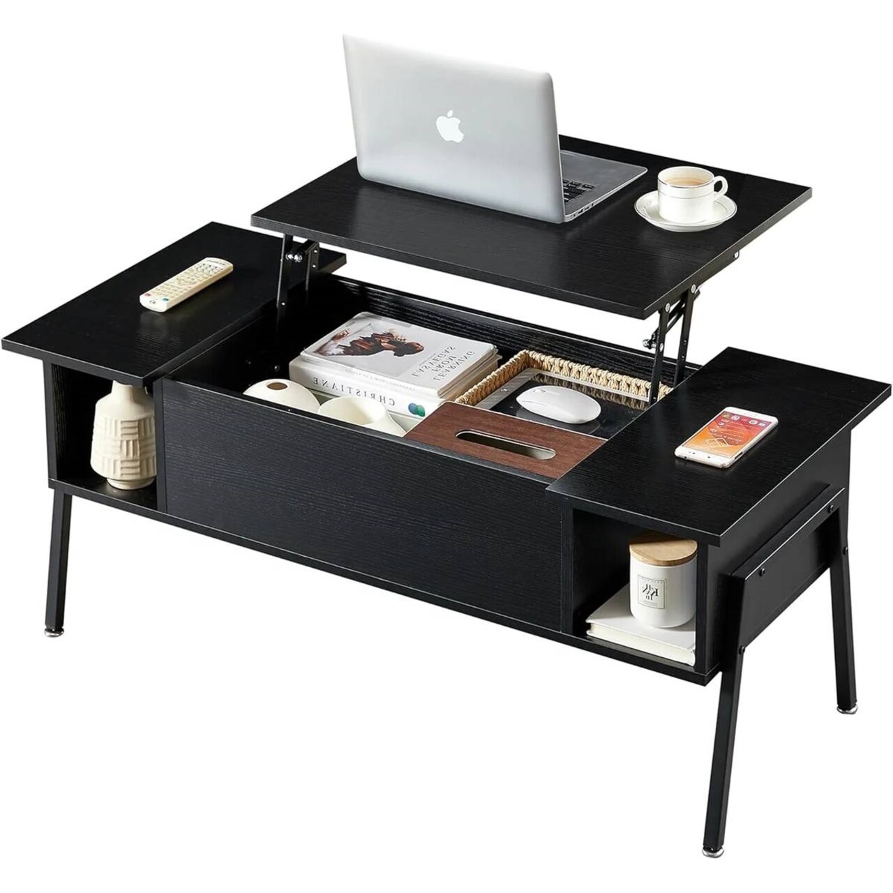 Modern Wood Coffee Table with Lift-Top Adjustable Desk and Storage Shelf for Living Room